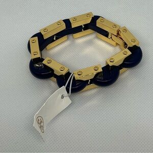 Tory Burch Chunky Statement Gold Tone Bracelet in Blue Enamel Inlay. Retail $299